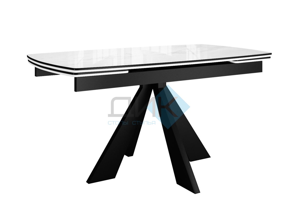 Стол DikLine SFU140 стекло белое мрамор глянец/подстолье черное/опоры черные