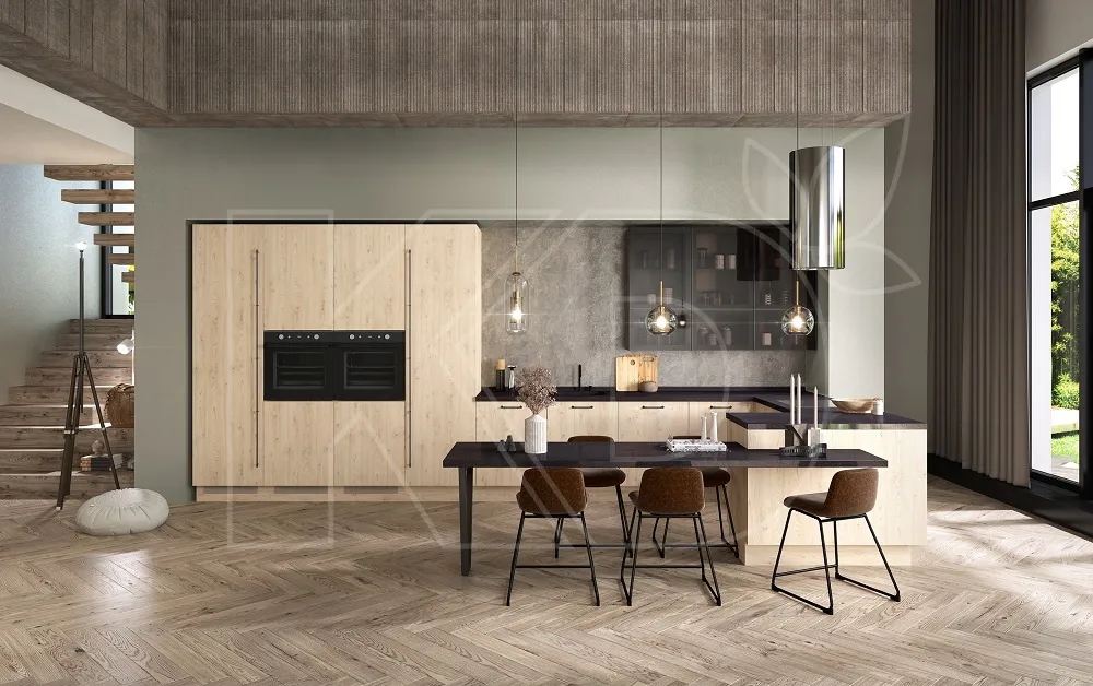 Кухня Стоун Вуд с тонированными стёклами